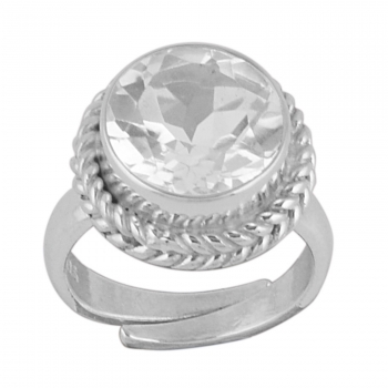 Adjustable band round crystal quartz gemstone silver ring